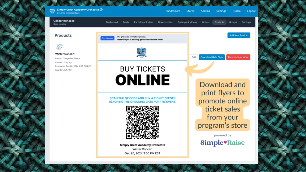 CutTime's Event Ticketing Automatically Creates an Online Store with Printable Event Promotional Gate Flyer in Simple Raise