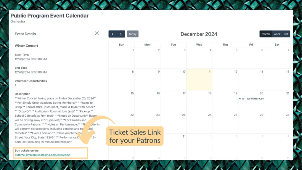 CutTime's Public and District Calendars allow anyone to view an event and Buy Tickets Online through a link