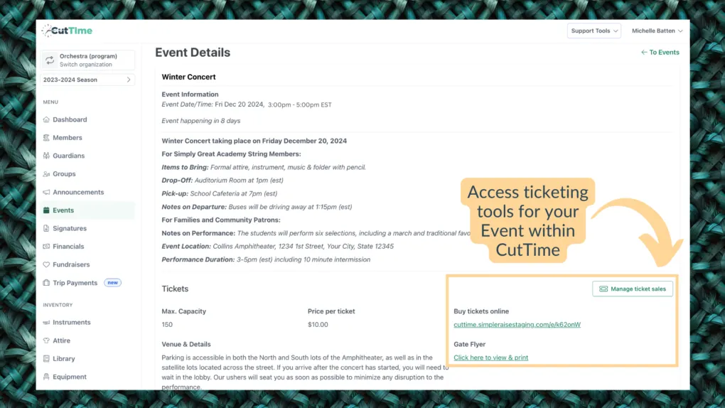 CutTime's Ticketing Tools are accessible directly from the Event Listing screen, click to manage ticket sales in Simple Raise using your existing credentials.