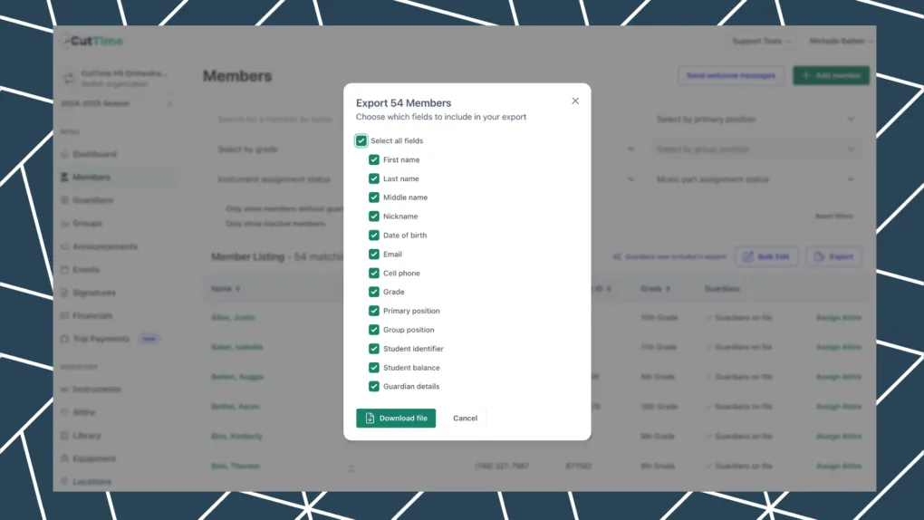 CutTime Member Export for Fine Arts Admins, Teachers, and Booster Leaders in desktop mode