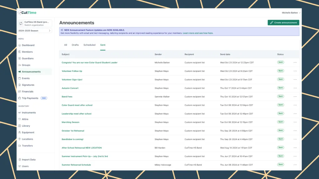 CutTime Announcements Dashboard for Fine Arts Admins, Teachers, and Booster Leaders in desktop mode