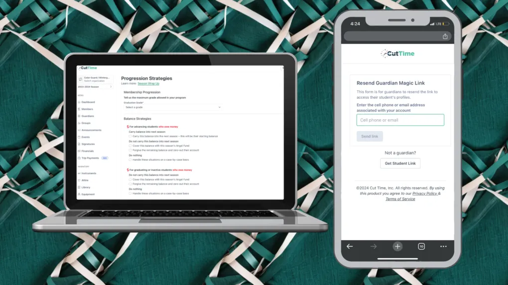 CutTime End of Year Wrap Up for Fine Arts Admins, Teachers, and Booster Leaders in desktop mode and Resend Magic Link for Guardians inside a mobile phone