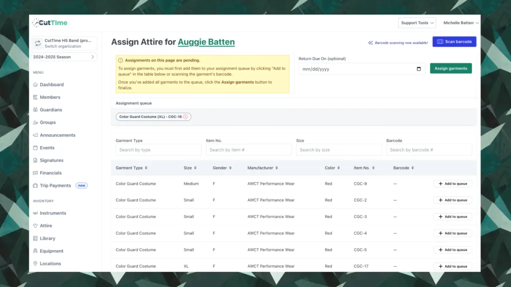 CutTime Attire Inventory Dashboard for Fine Arts Admins, Teachers, and Booster Leaders in desktop mode