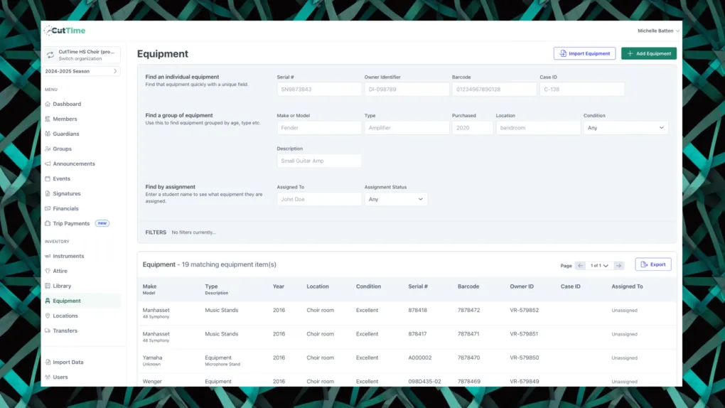 CutTime Equipment Inventory Dashboard for Fine Arts Admins, Teachers, and Booster Leaders in desktop mode