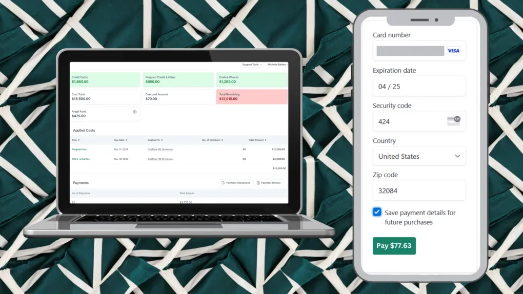 CutTime Financials Dashboard for Fine Arts Admins, Teachers, and Booster Leaders in desktop mode and Make a Payment Screen for Guardians inside a mobile phone