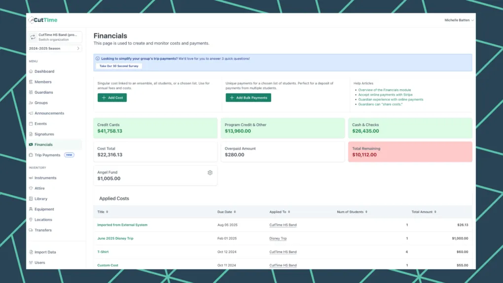 CutTime Financials Dashboard for Fine Arts Admins, Teachers, and Booster Leaders in desktop mode