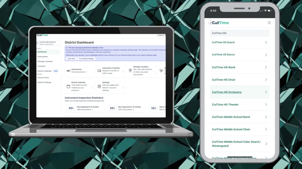 CutTime District Dashboard for Fine Arts Administrators in desktop mode and list of District Fine Arts Programs powered by CutTime inside a mobile phone