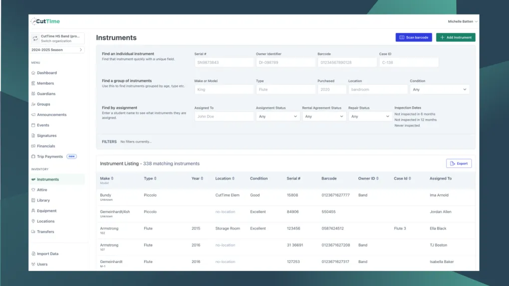 CutTime Instruments Inventory Dashboard for Fine Arts Admins, Teachers, and Booster Leaders in desktop mode