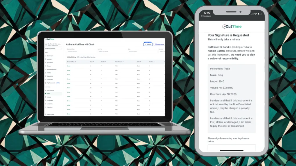 CutTime Assign Attire screen for Fine Arts Admins, Teachers, and Booster Leaders in desktop mode and a Rental Agreement for Guardians screen inside a mobile phone