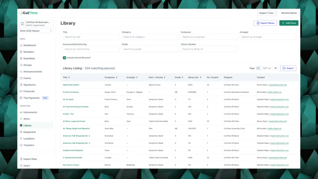 CutTime Library Inventory Dashboard for Fine Arts Admins, Teachers, and Booster Leaders in desktop mode