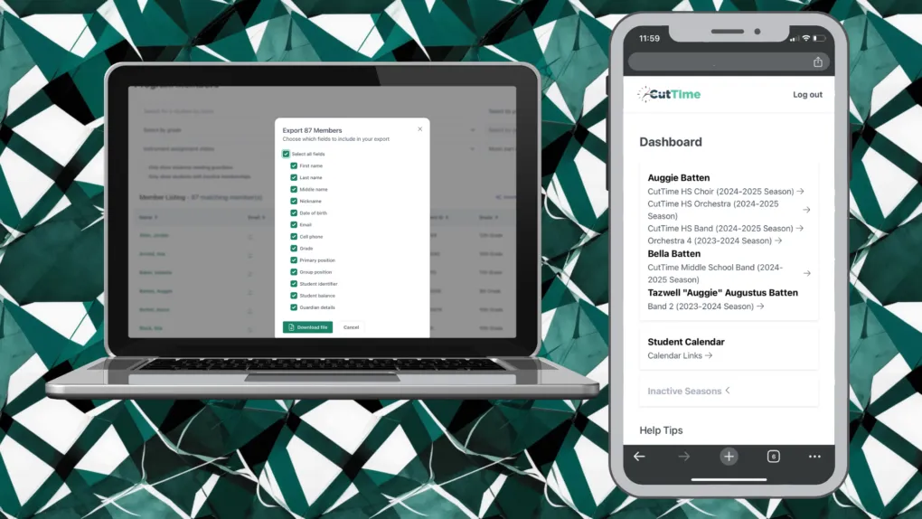 CutTime Member Export Menu for Fine Arts Admins, Teachers, and Booster Leaders in desktop mode and Programs Dashboard for Guardians inside a mobile phone