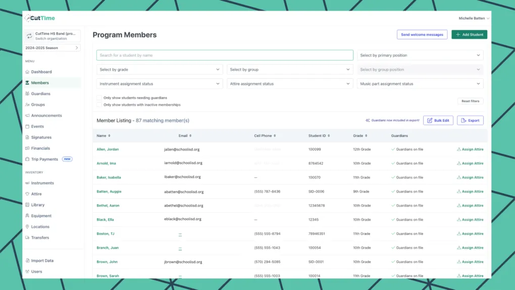 CutTime Members Dashboard for Fine Arts Admins, Teachers, and Booster Leaders in desktop mode