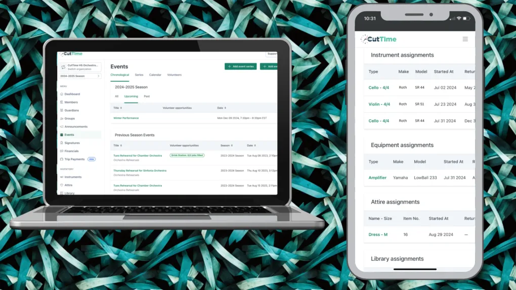 CutTime Events Dashboard for Fine Arts Admins, Teachers, and Booster Leaders in desktop mode and Inventory Assignments for Members inside a mobile phone