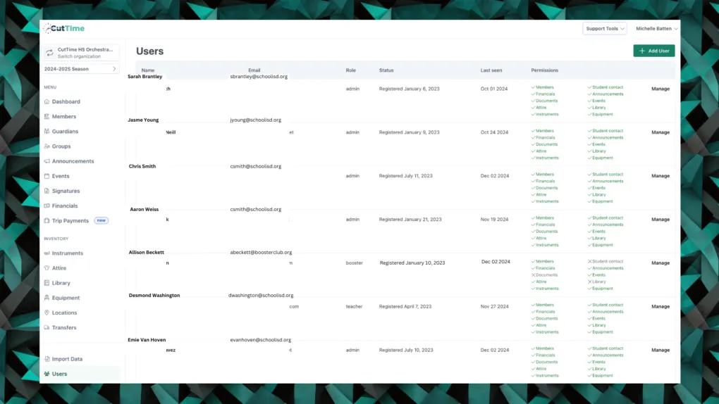 CutTime Users Dashboard for Fine Arts Admins, Teachers, and Booster Leaders in desktop mode