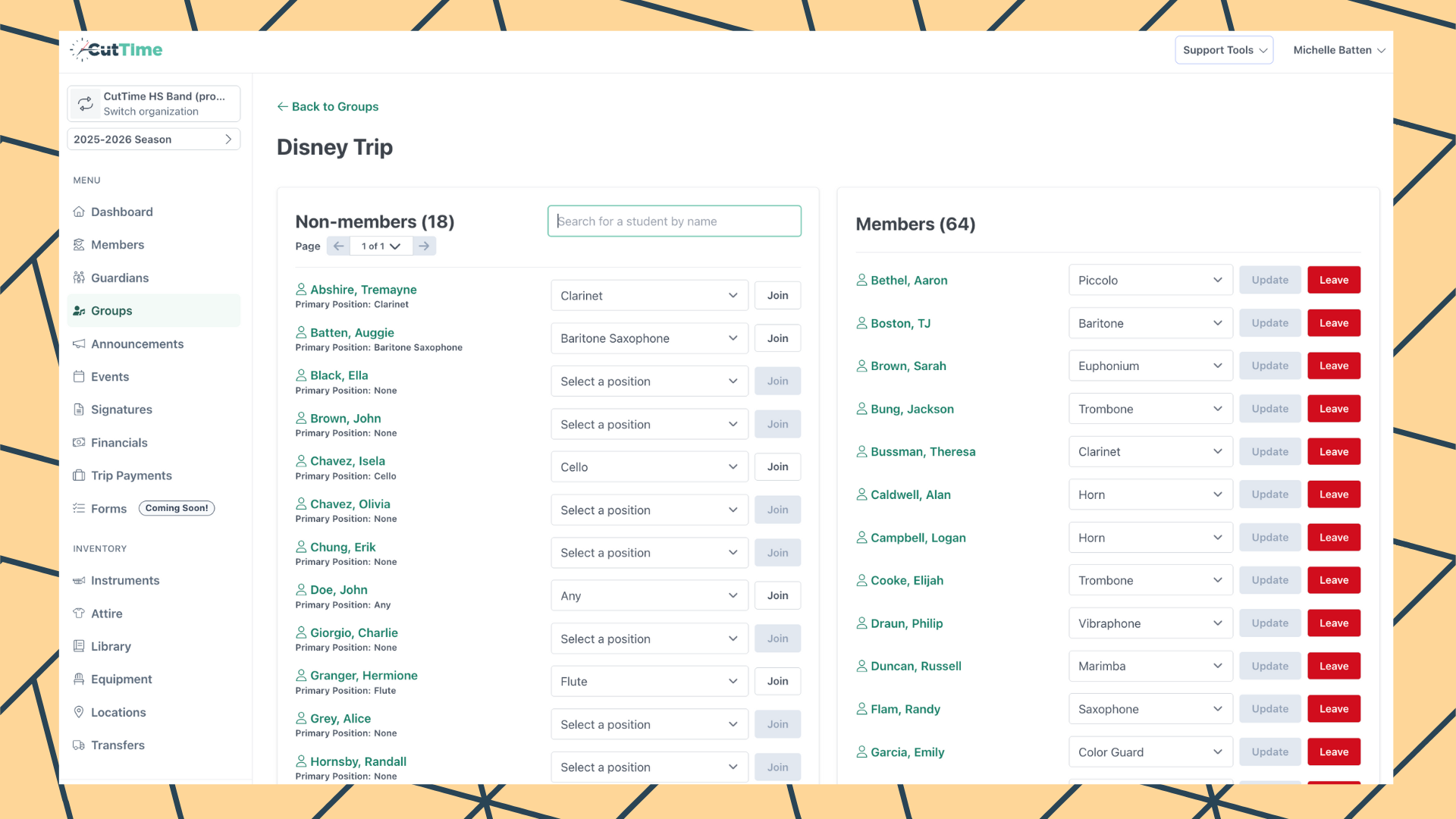 CutTime Group Assignment for Fine Arts Admins, Teachers, and Booster Leaders in desktop mode