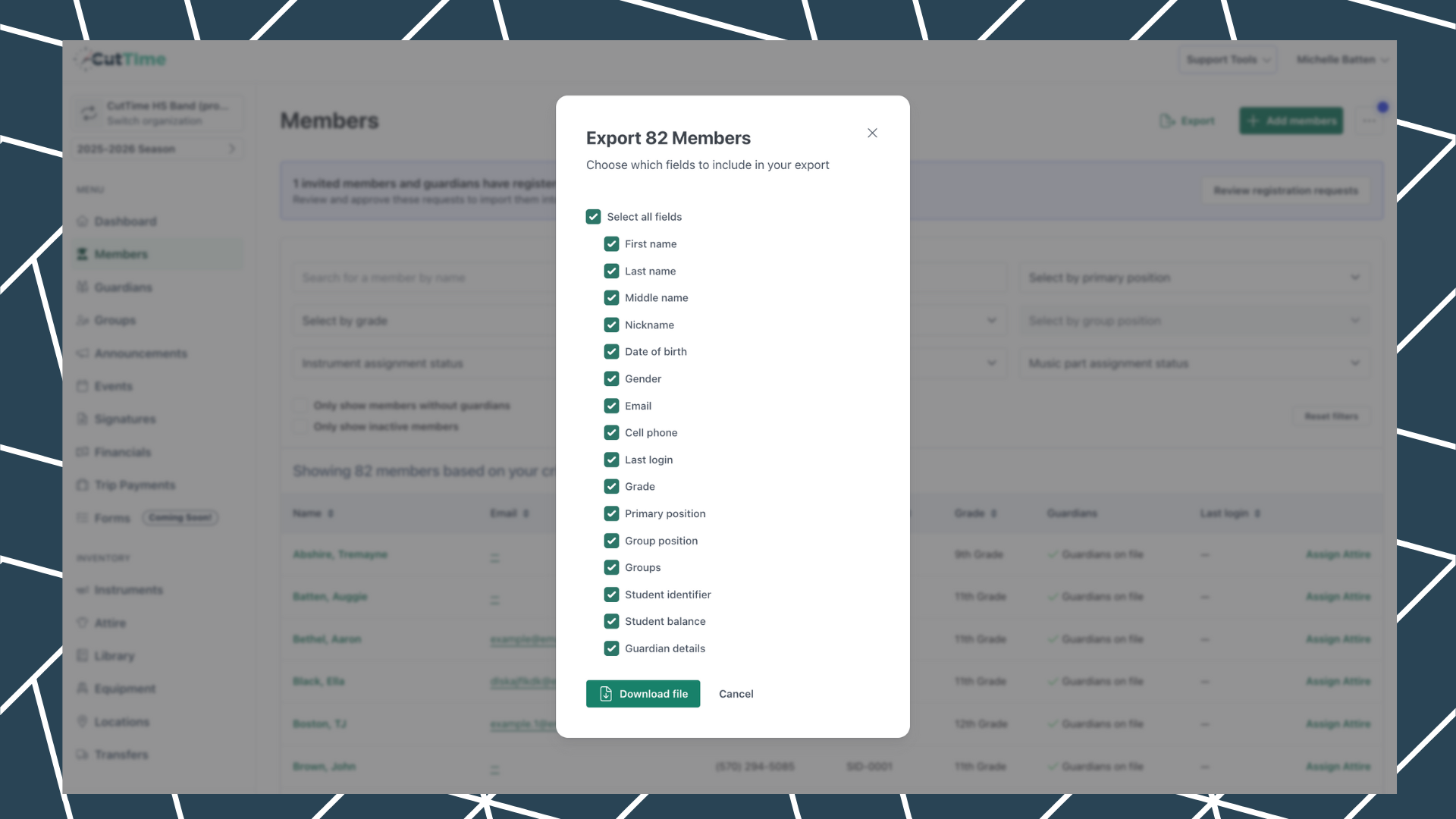 CutTime Member Export for Fine Arts Admins, Teachers, and Booster Leaders in desktop mode