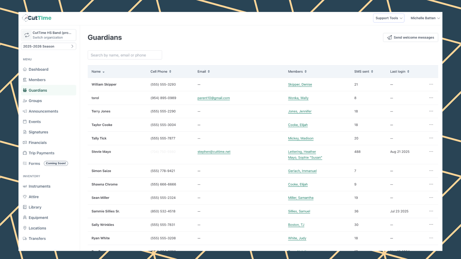 CutTime Guardians Dashboard for Fine Arts Admins, Teachers, and Booster Leaders in desktop mode