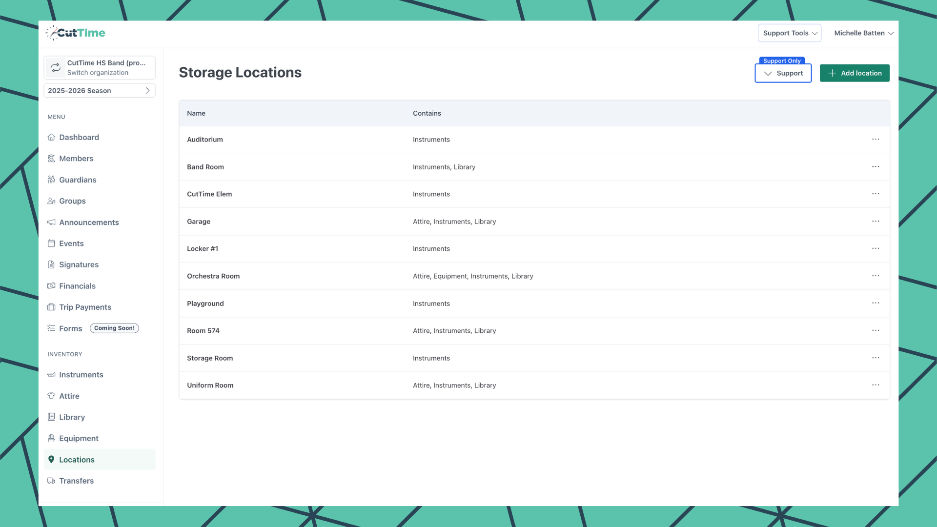 CutTime Storage Locations Dashboard for Fine Arts Admins, Teachers, and Booster Leaders in desktop mode