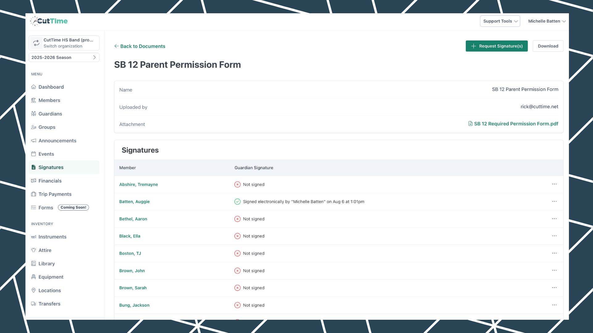 CutTime Signatures Dashboard for Fine Arts Admins, Teachers, and Booster Leaders in desktop mode