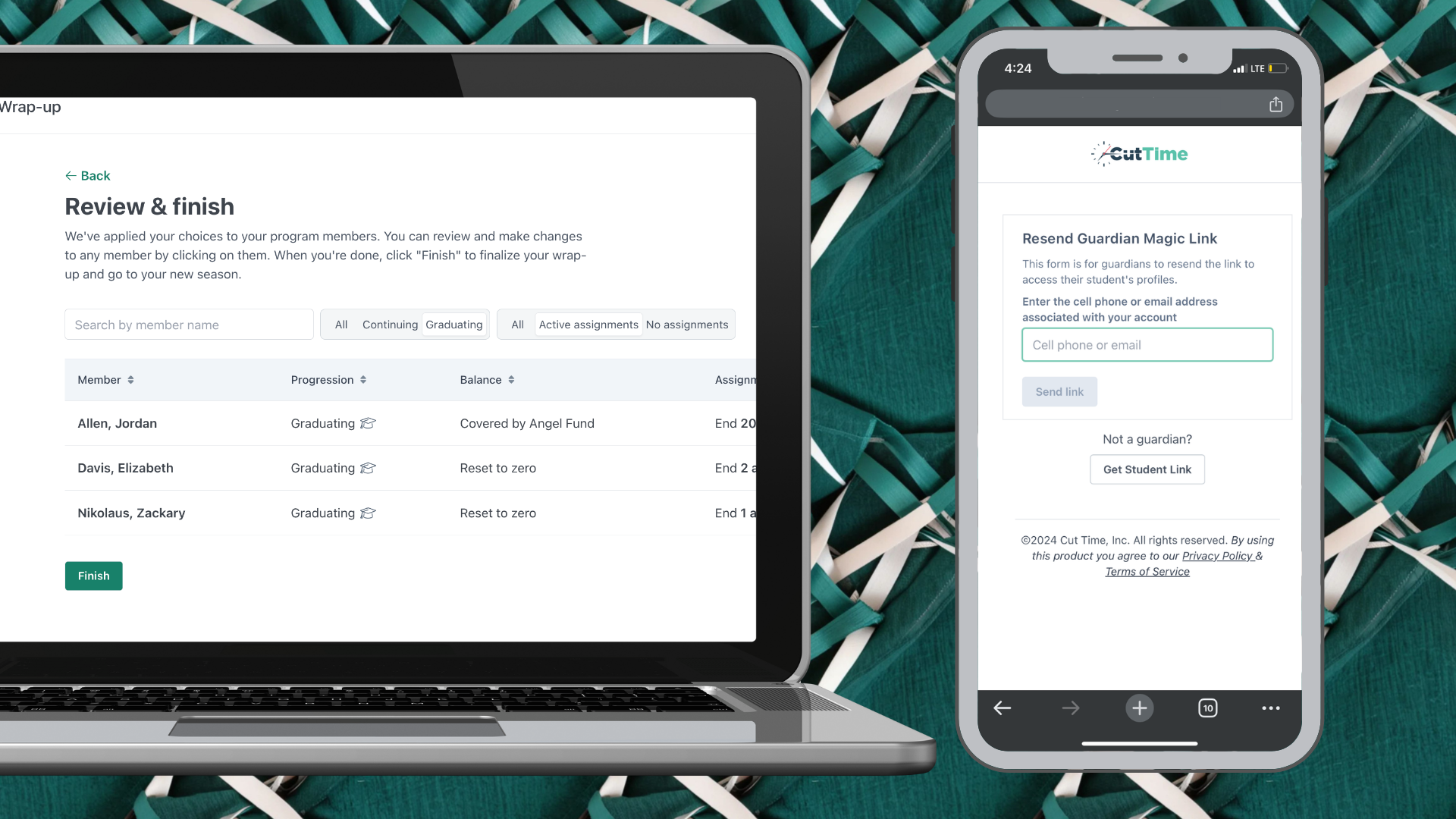 CutTime End of Year Wrap Up for Fine Arts Admins, Teachers, and Booster Leaders in desktop mode and Resend Magic Link for Guardians inside a mobile phone