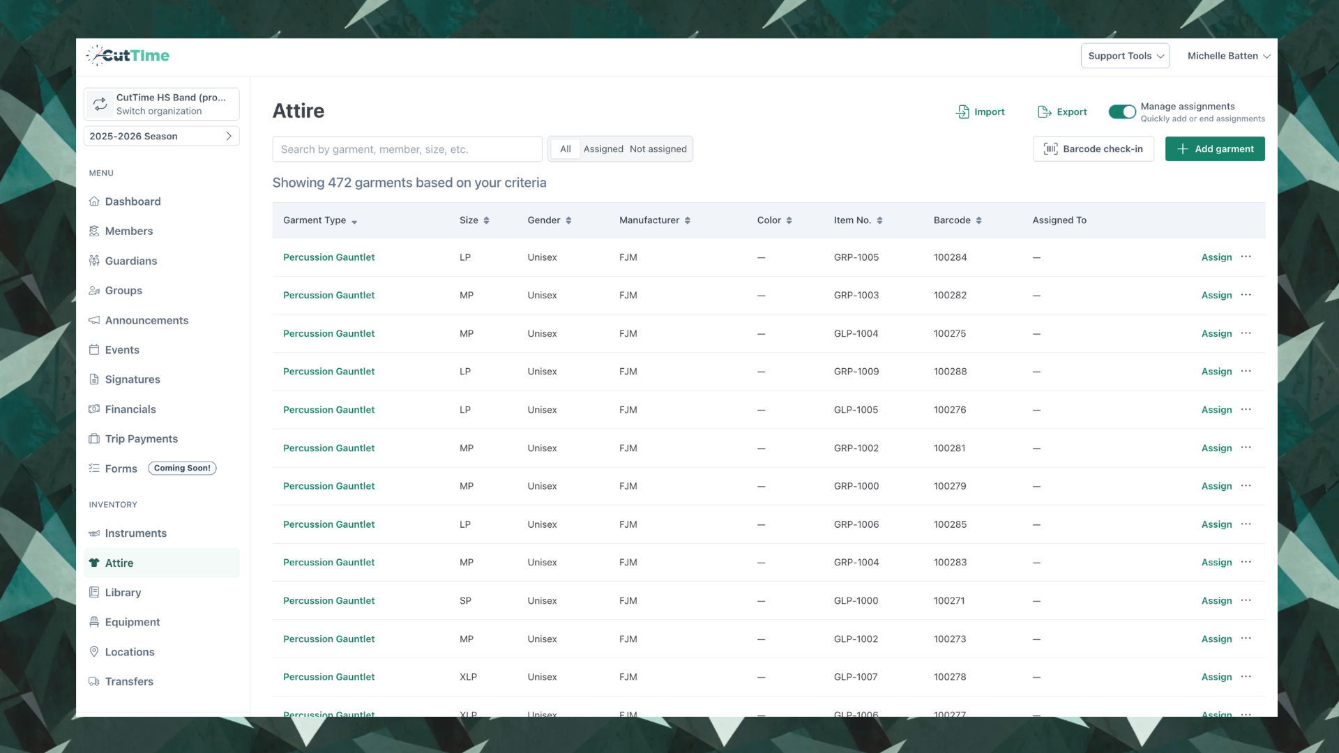 CutTime Attire Inventory Dashboard for Fine Arts Admins, Teachers, and Booster Leaders in desktop mode