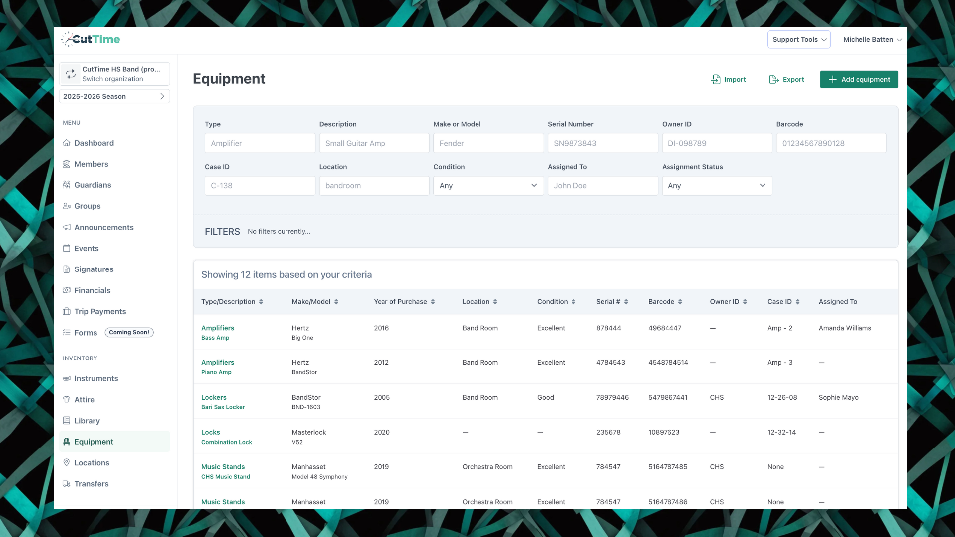 CutTime Equipment Inventory Dashboard for Fine Arts Admins, Teachers, and Booster Leaders in desktop mode