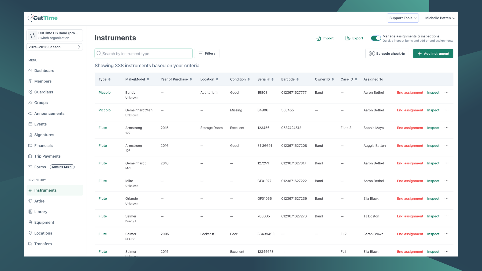 CutTime Instruments Inventory Dashboard for Fine Arts Admins, Teachers, and Booster Leaders in desktop mode
