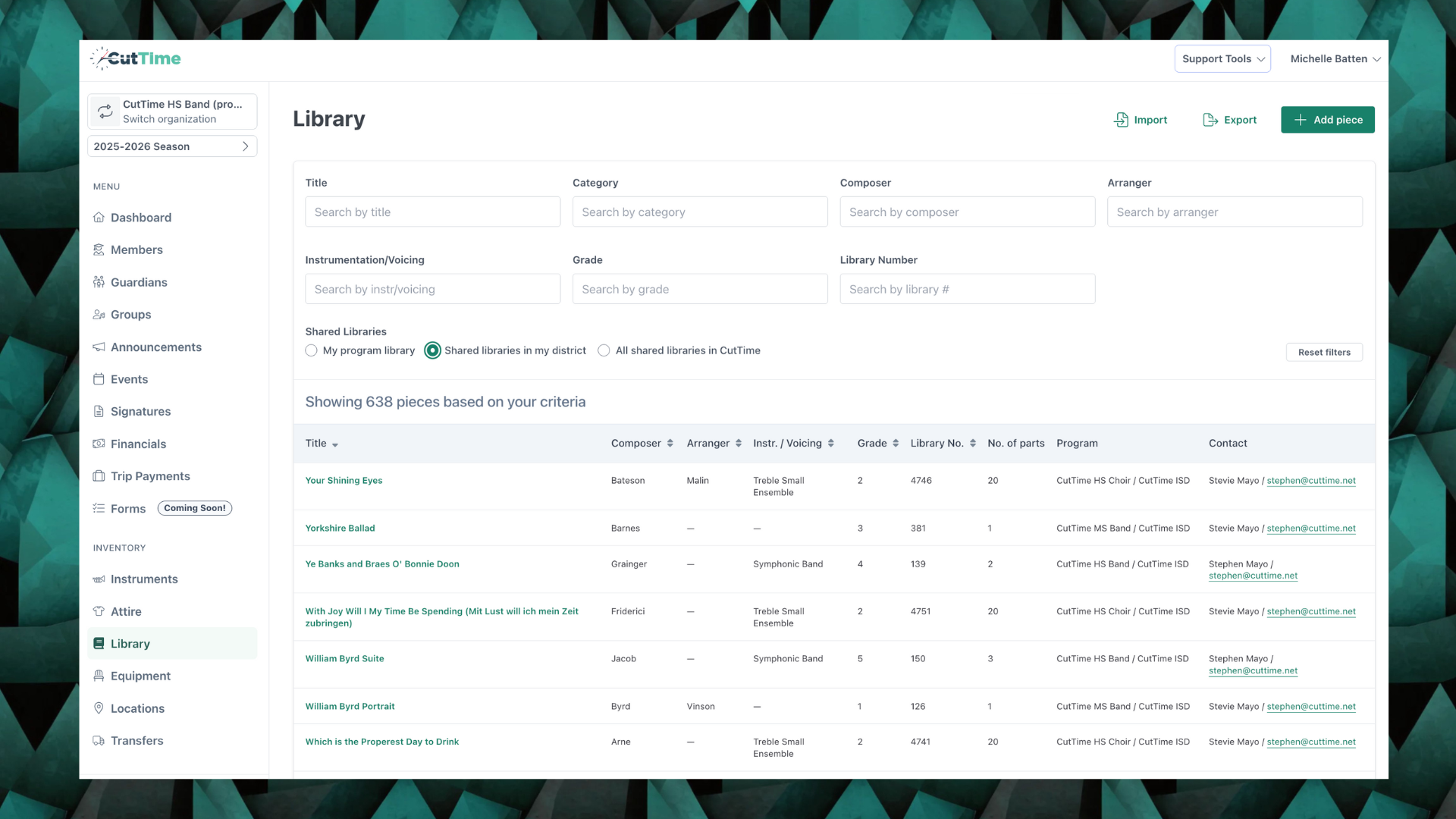 CutTime Library Inventory Dashboard for Fine Arts Admins, Teachers, and Booster Leaders in desktop mode