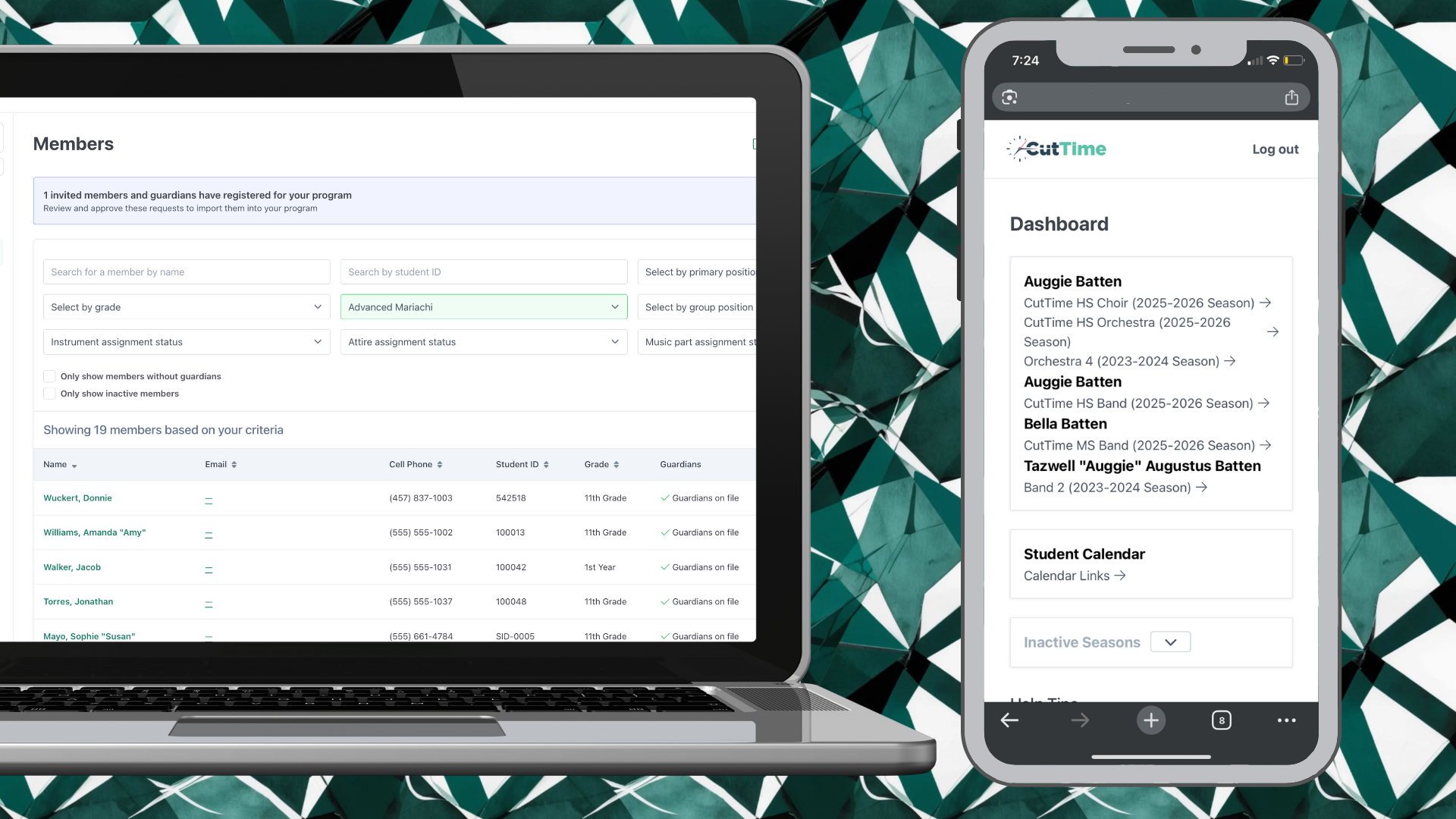 CutTime Member Export Menu for Fine Arts Admins, Teachers, and Booster Leaders in desktop mode and Programs Dashboard for Guardians inside a mobile phone