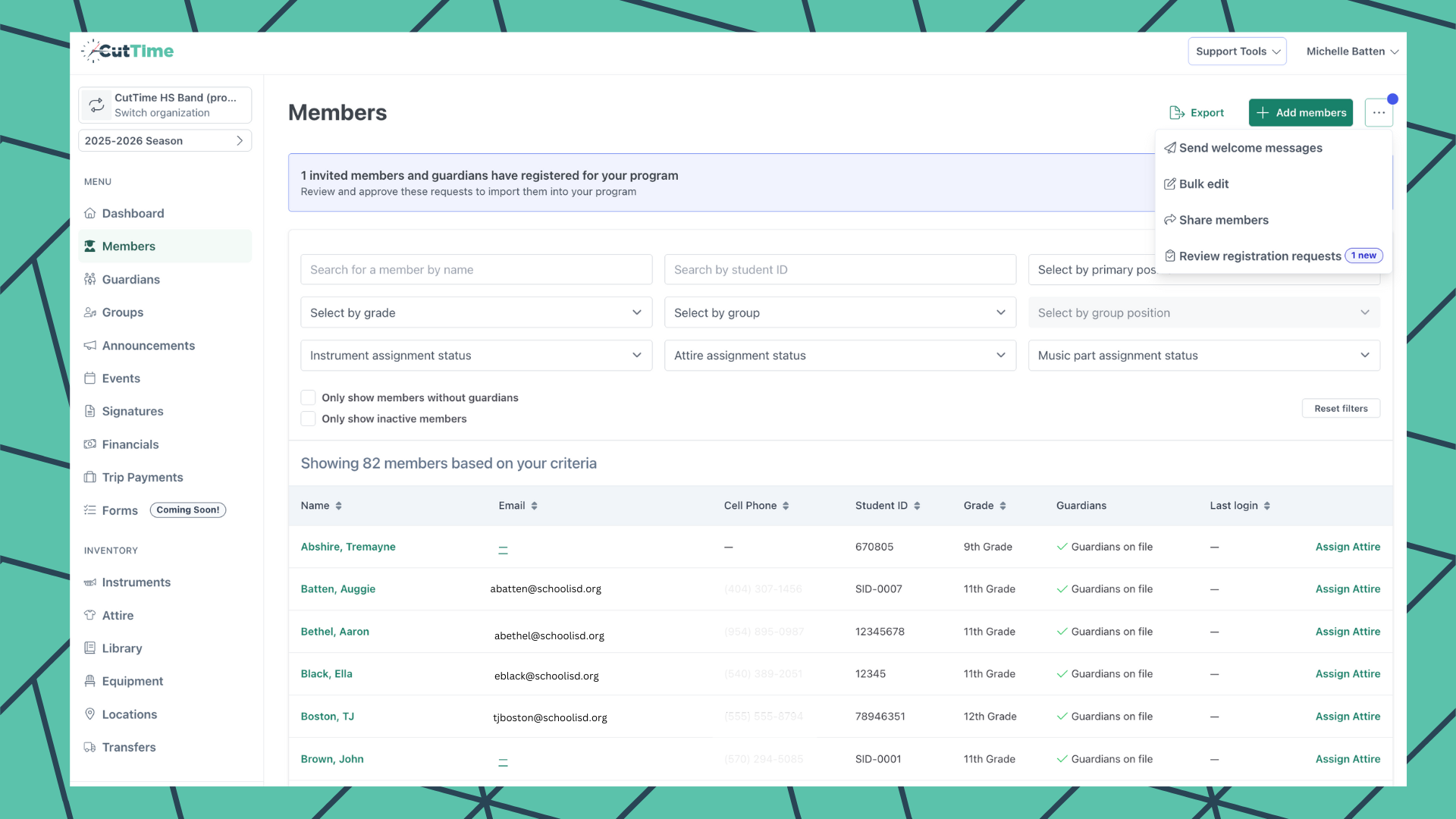 CutTime Members Dashboard for Fine Arts Admins, Teachers, and Booster Leaders in desktop mode