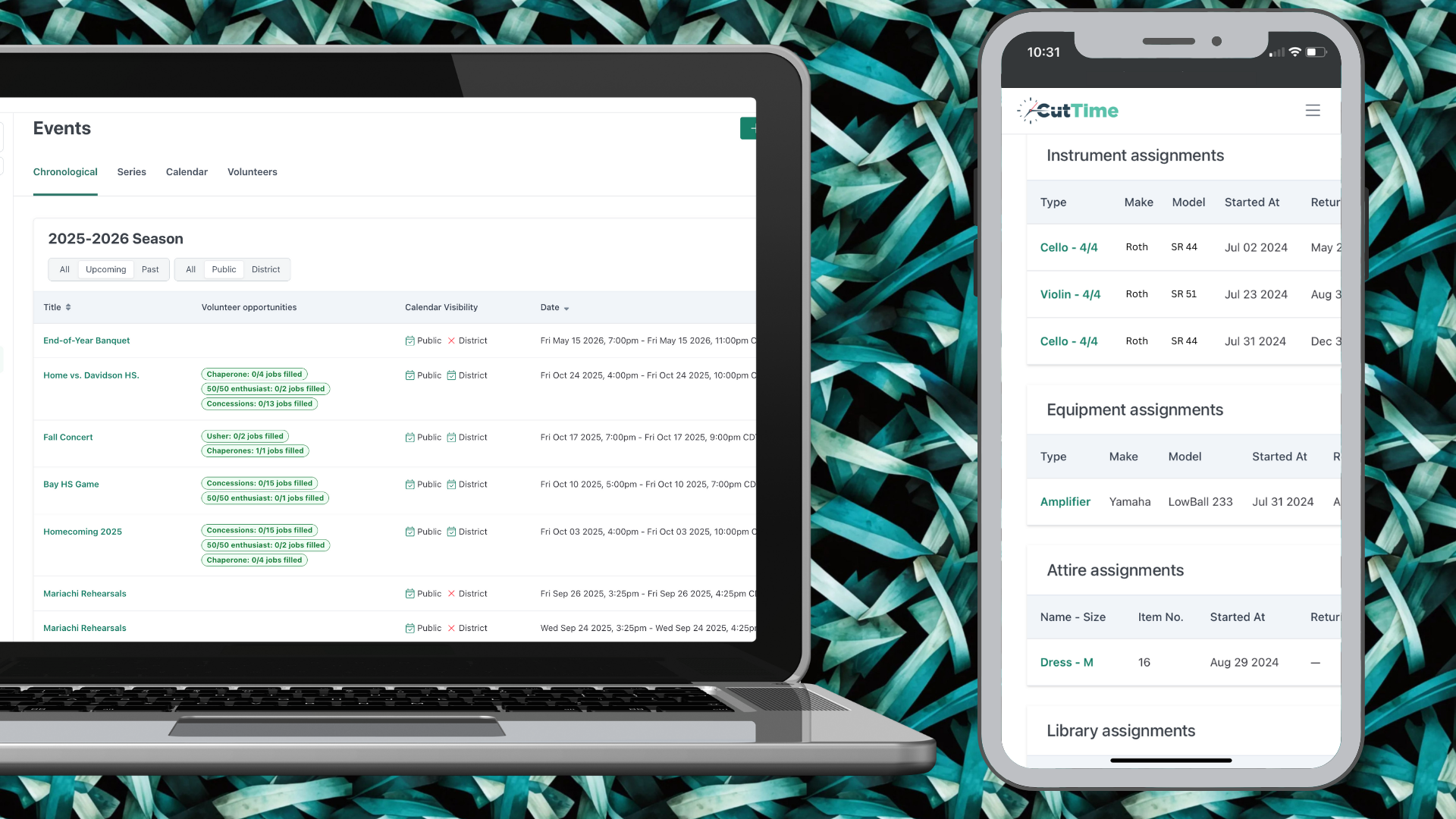 CutTime Events Dashboard for Fine Arts Admins, Teachers, and Booster Leaders in desktop mode and Inventory Assignments for Members inside a mobile phone