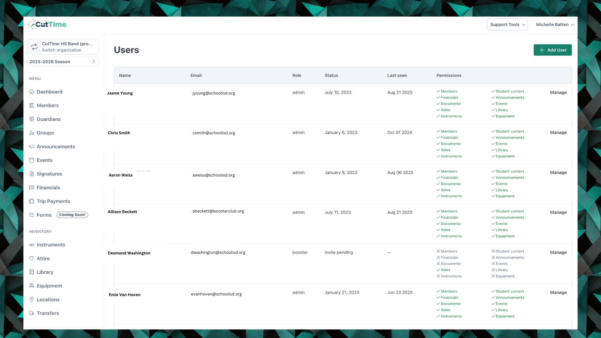 CutTime Users Dashboard for Fine Arts Admins, Teachers, and Booster Leaders in desktop mode