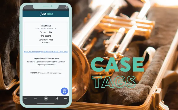 CutTime Instrument Case Tag in a mobile phone with image of trumpet and case in background.