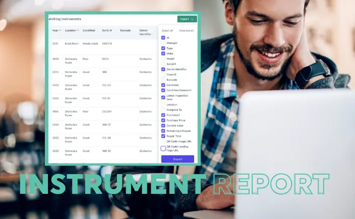 CutTime Instrument Report Export Data screen with image of happy educator / teacher using laptop in background.