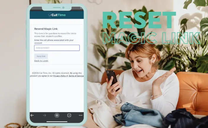 CutTime Resend Magic Link in a mobile phone with image of delighted parent-guardian in background.