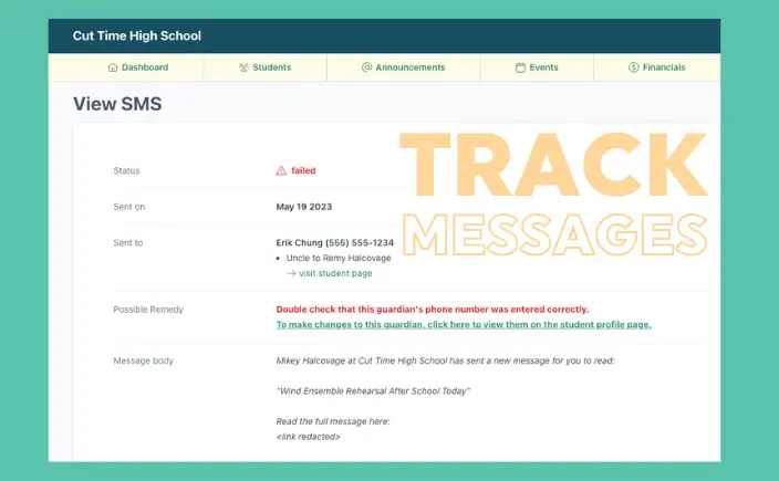 CutTime SMS Message Deliverability tracking screen.