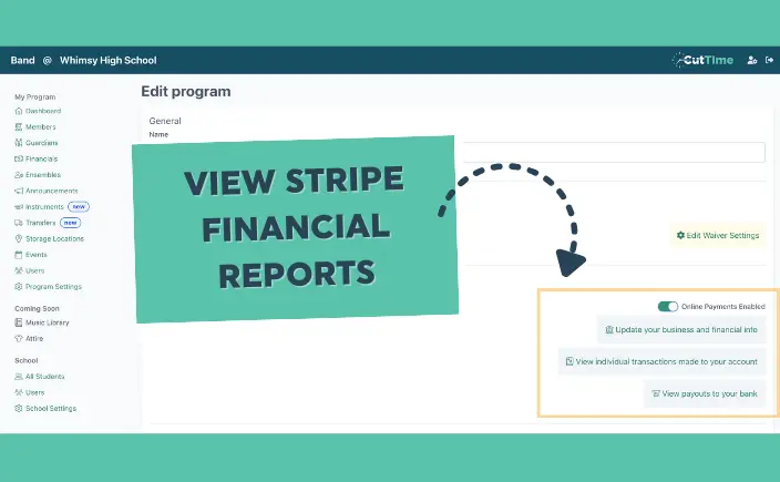 CutTime Embedded Access to Stripe Financial Reports in Program Settings screen image.