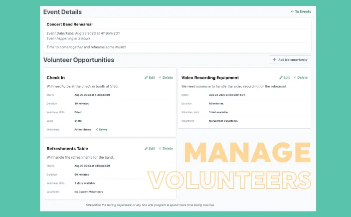 CutTime Volunteer Management details within Event Details screen.