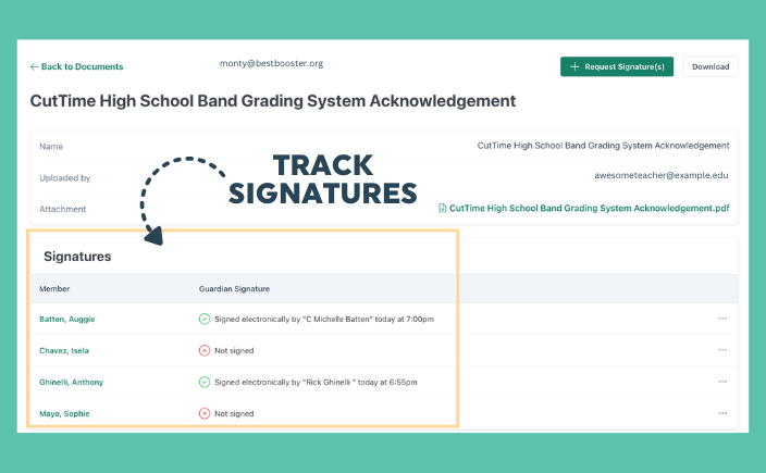 Screen shot of CutTime showing a PDF of a Grading System Acknowledgement Document and 4 Guardian signatures.